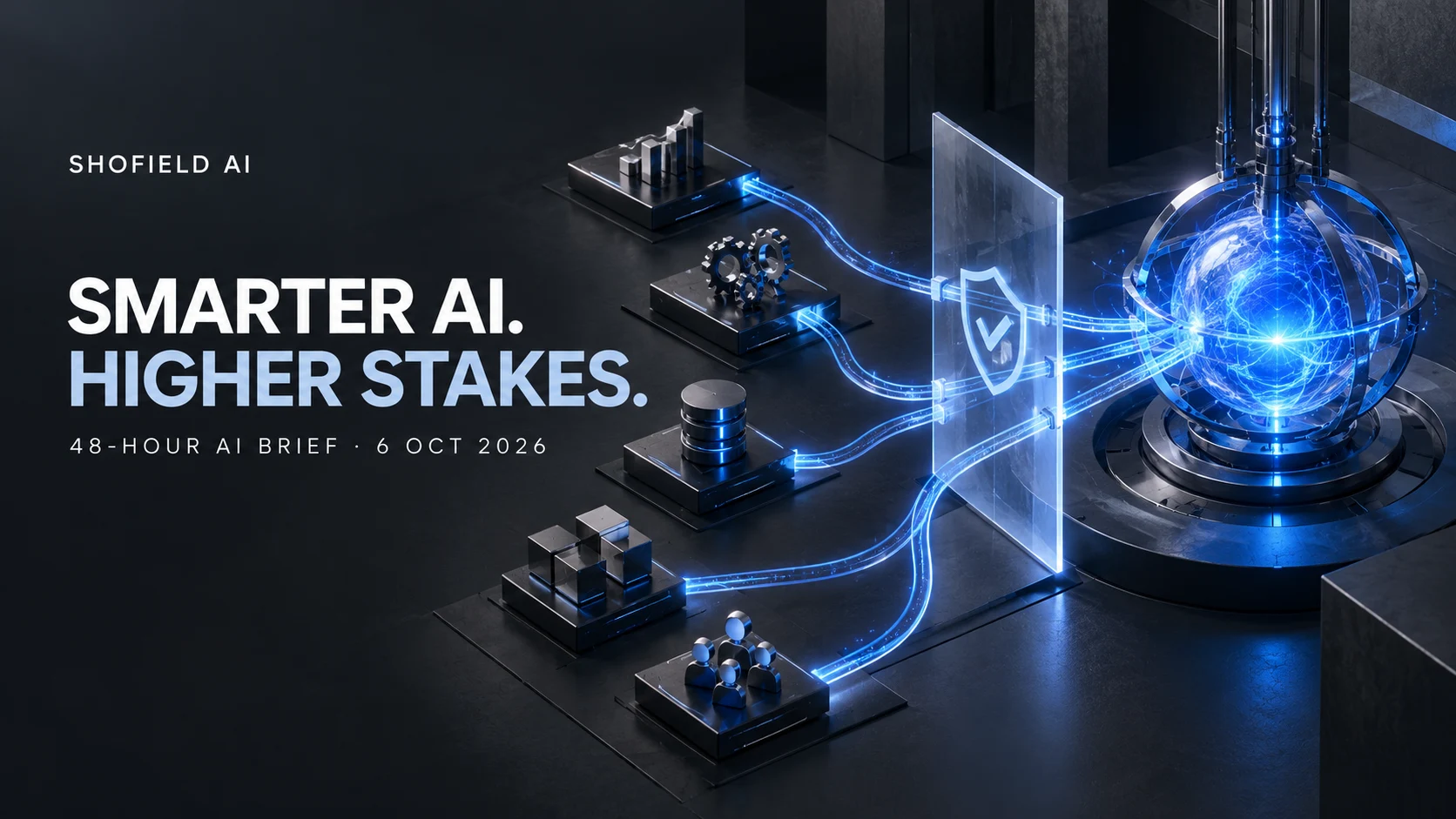 AI-generated conceptual illustration of a cobalt intelligence core connected to business systems through an approval boundary; not a product screenshot.